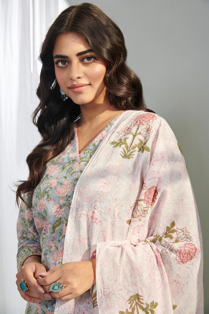 Pink Block Printed Cotton Dupatta