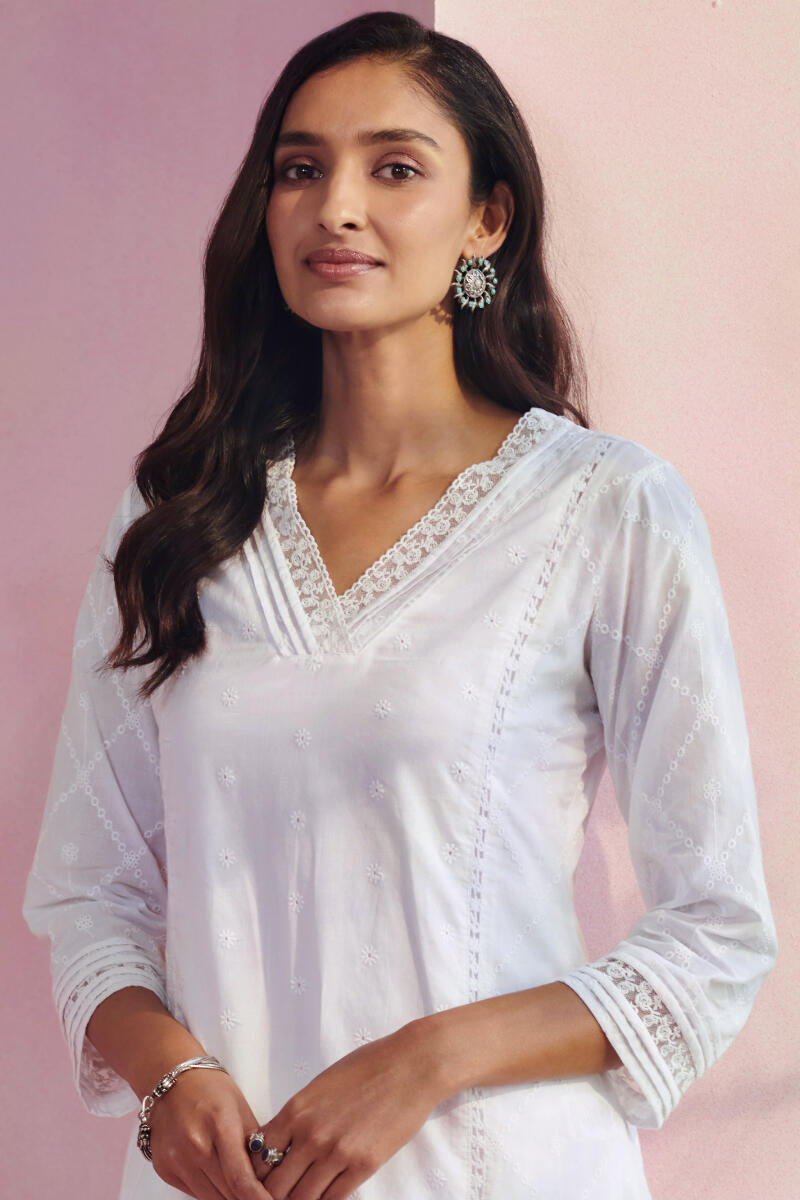 White Handcrafted Straight Cotton Kurta