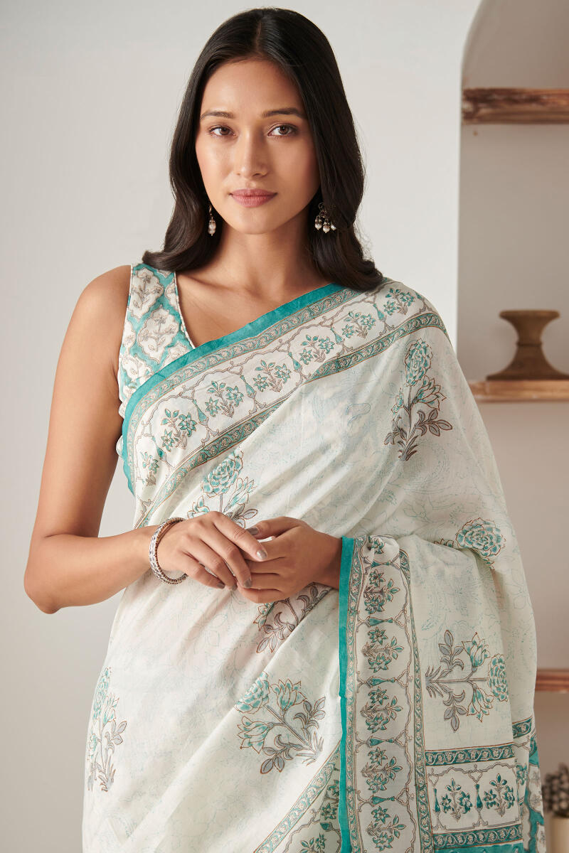 Blue Block Printed Chanderi Saree