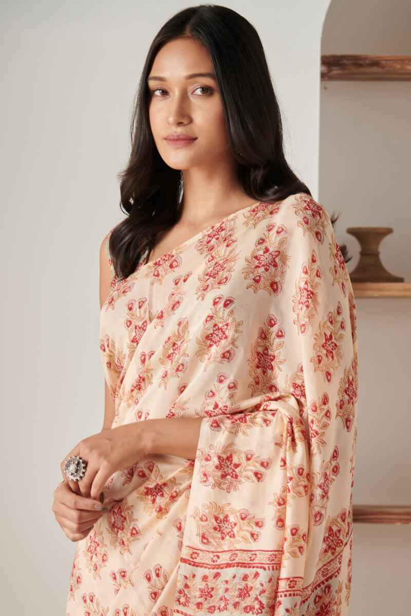 Beige Block Printed Modal Saree