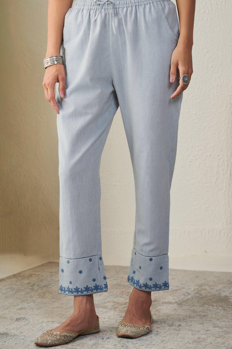 Blue Handcrafted Cotton Narrow Pants