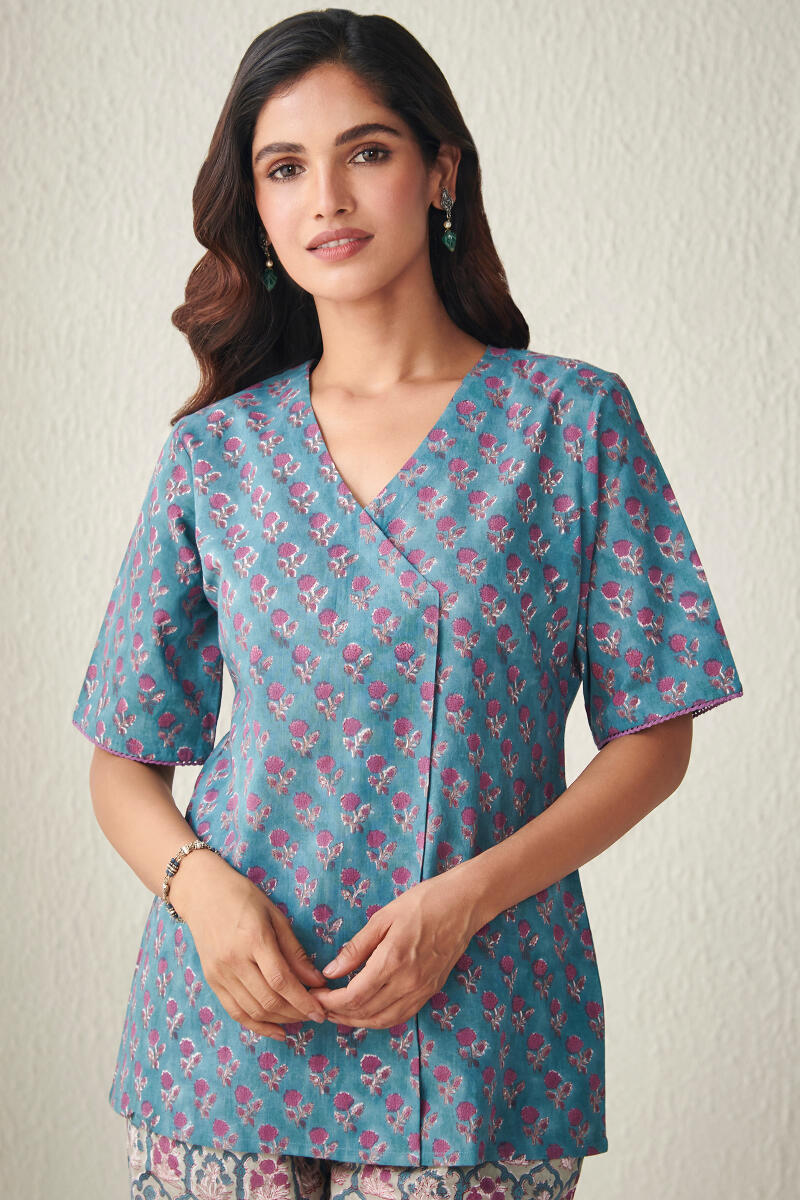 Blue Block Printed Cotton Loungewear Set