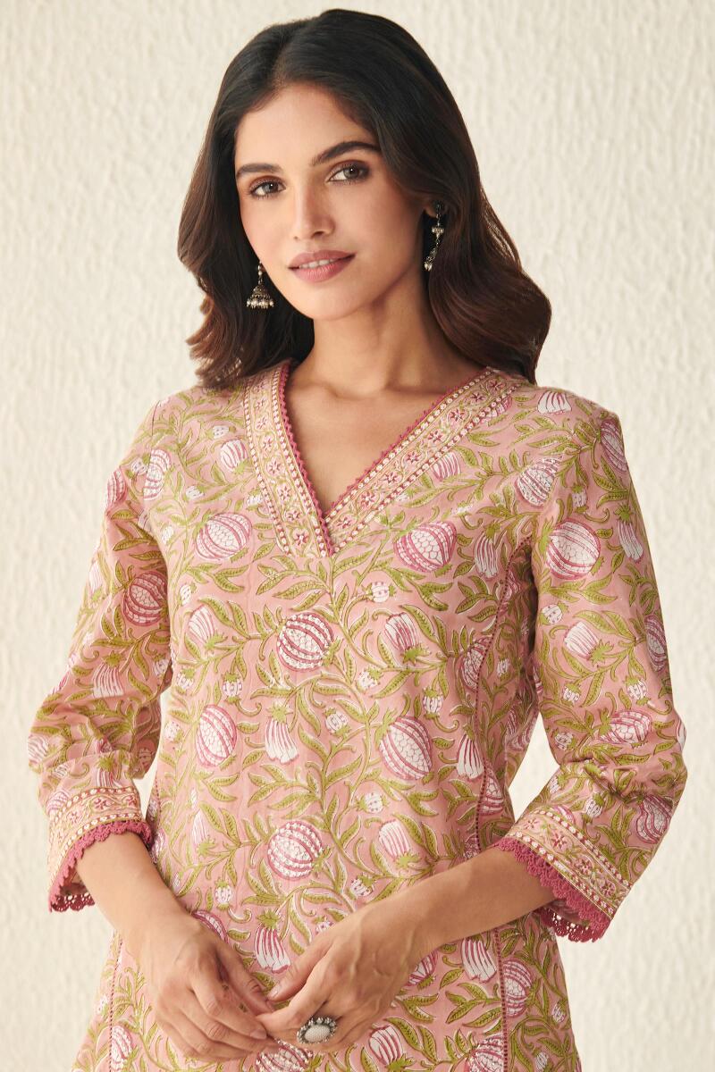 Pink Hand Block Printed Straight Cotton Kurta