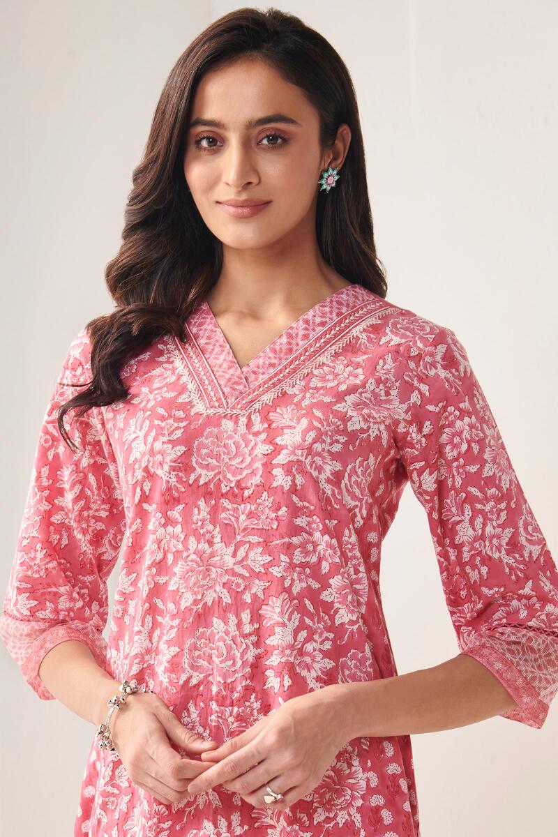 Pink Hand Block Printed Straight Cotton Kurta