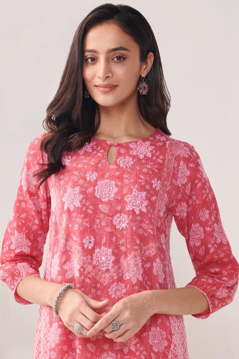 Pink Hand Block Printed A-Line Kota Kurta
