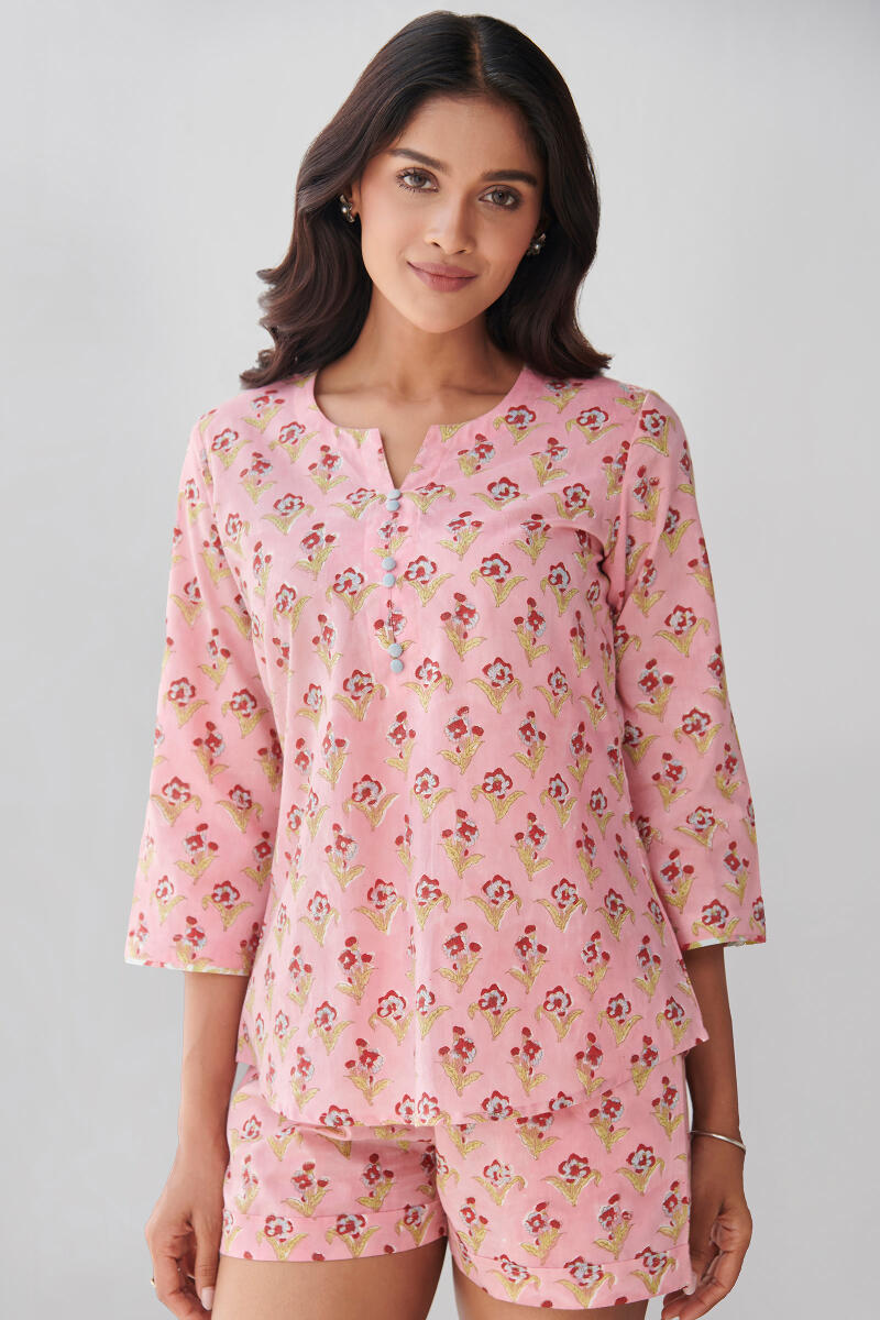 Pink Block Printed Cotton Loungewear Set