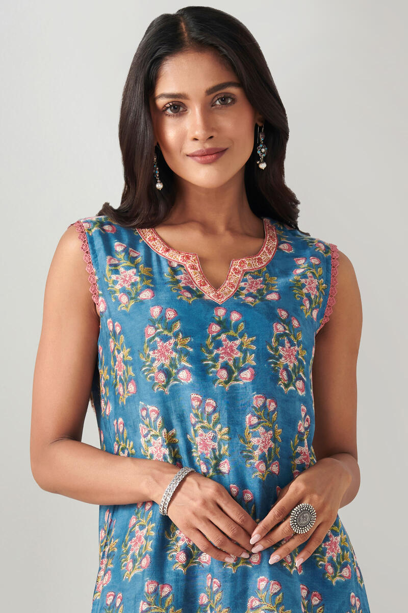 Blue Block Printed Straight Cotton Modal Kurta