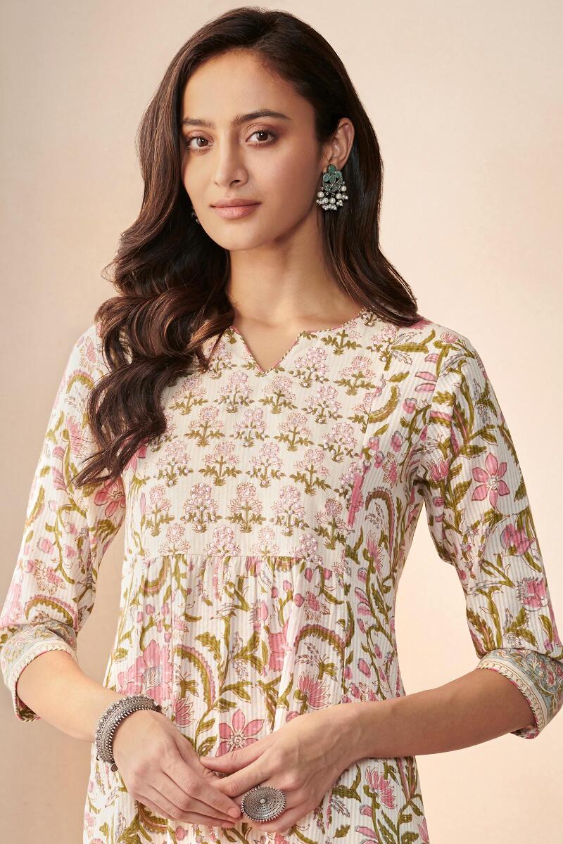 Off-White Hand Block Printed A-Line Cotton Kurta