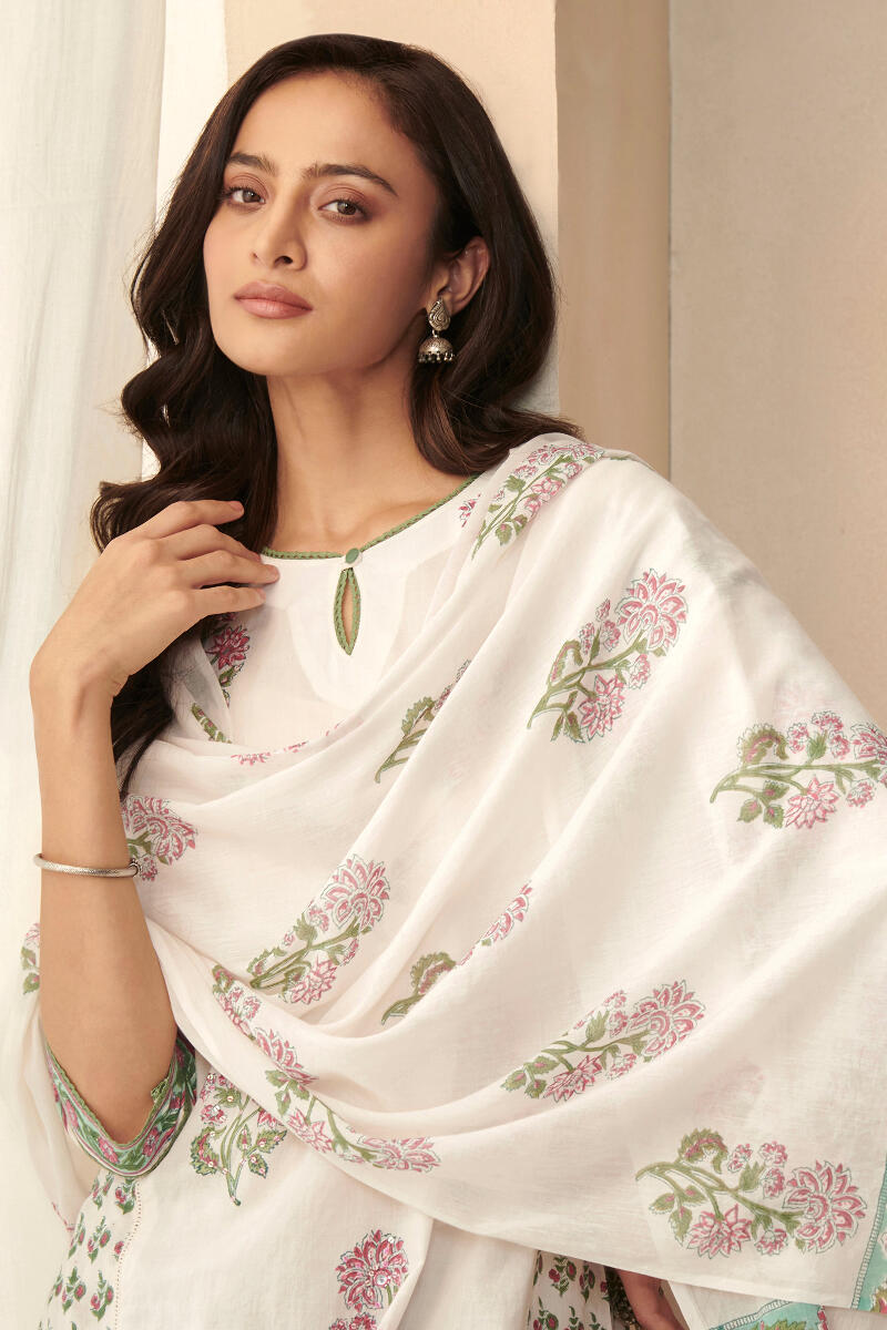 White Hand Block Printed Cotton Dupatta