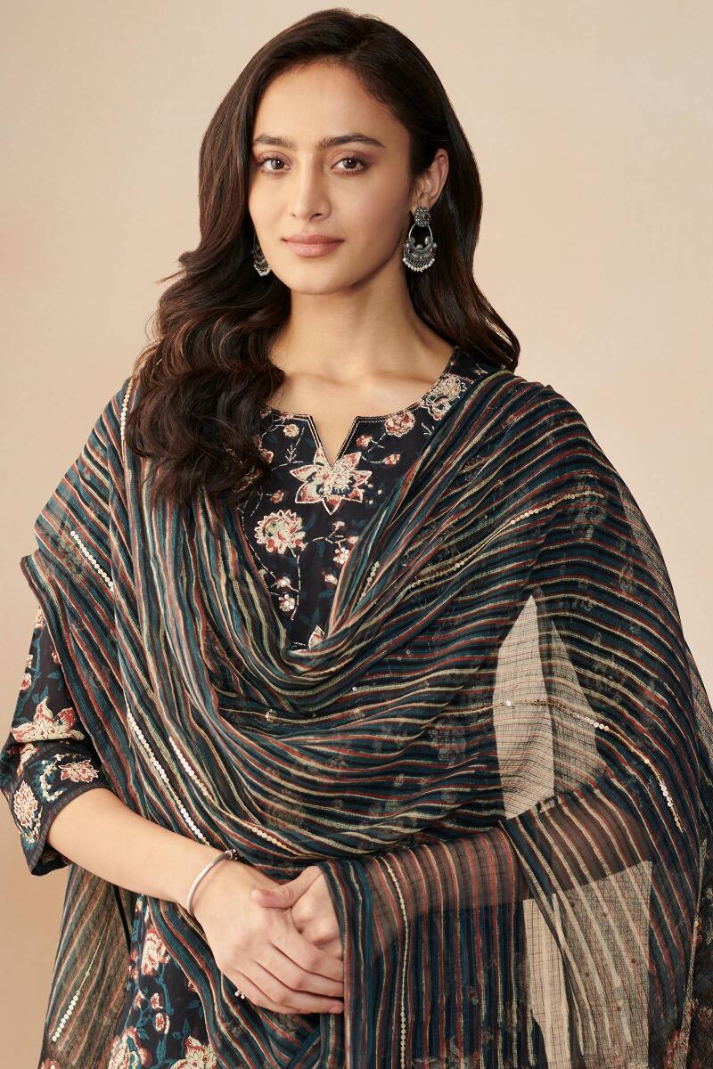 Black Hand Block Printed Kota Dupatta