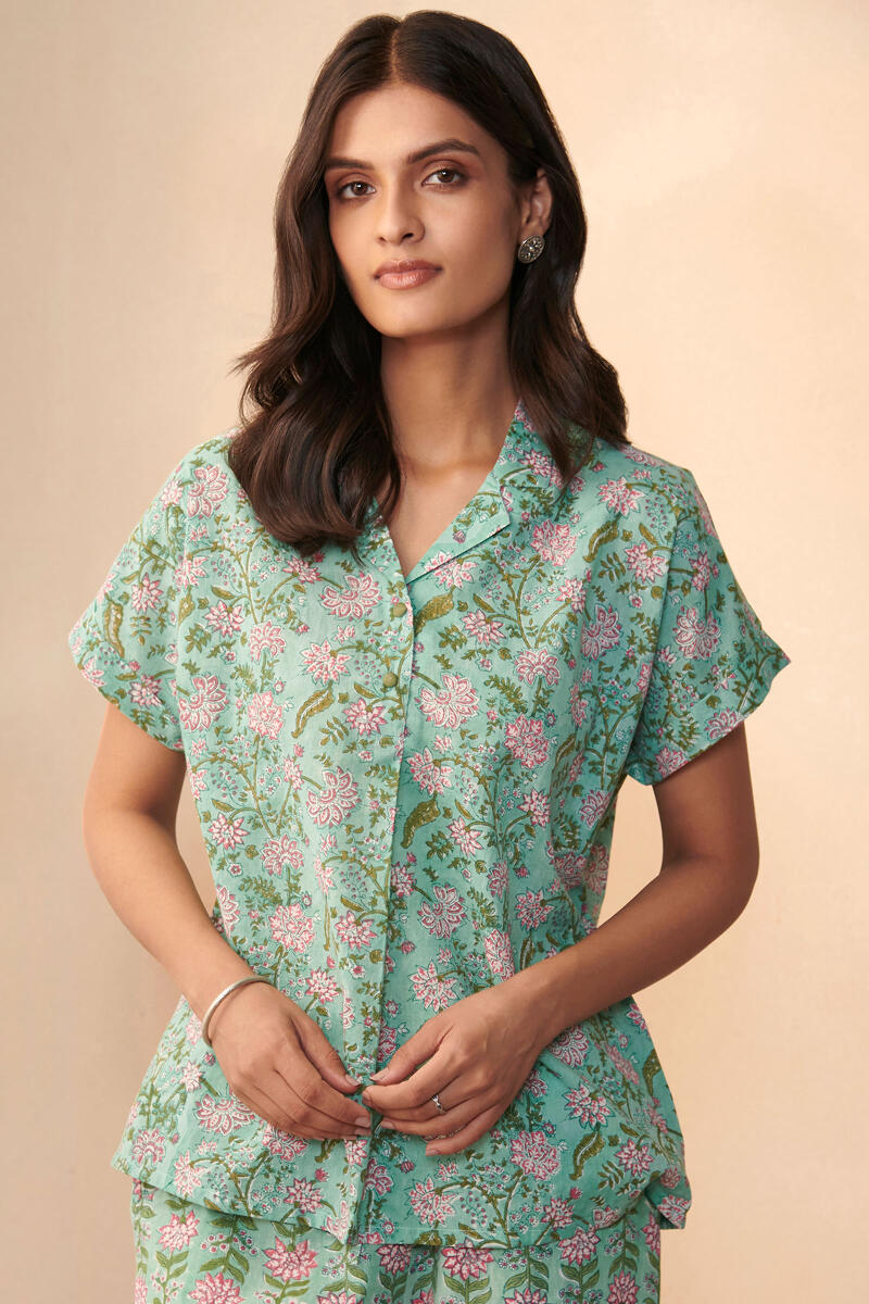 Green Hand Block Printed Cotton Loungewear Set