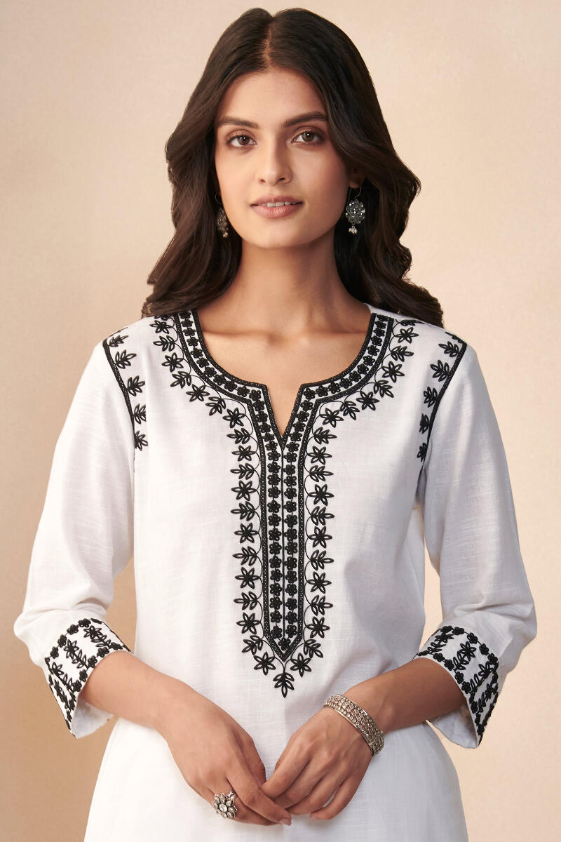 White Handcrafted Straight Cotton Kurta