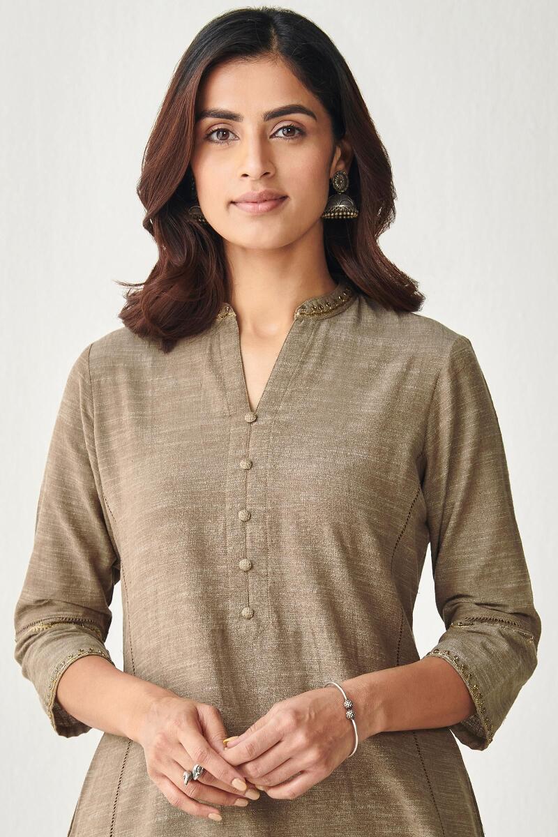 Brown Handcrafted A-Line Cotton Kurta
