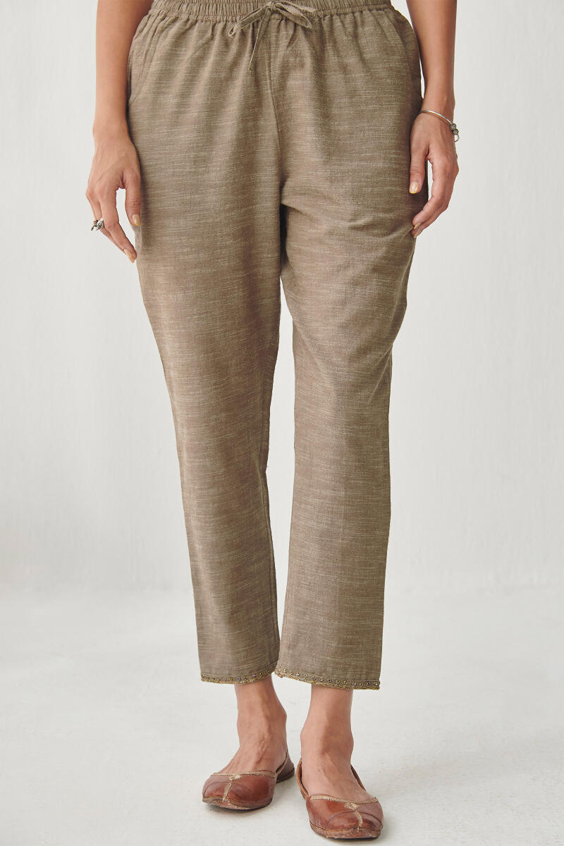 Brown Handcrafted Cotton Narrow Pants
