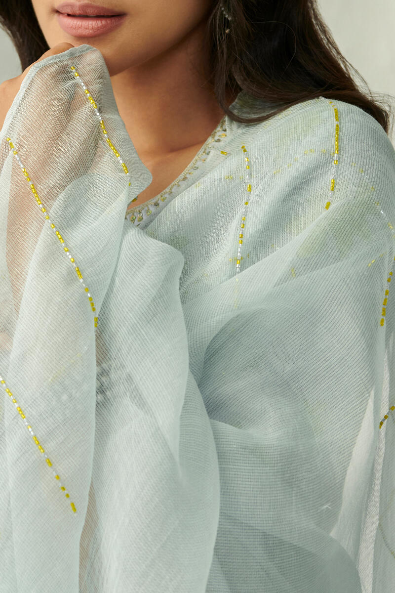 Green Hand Block Printed Cotton Silk Dupatta