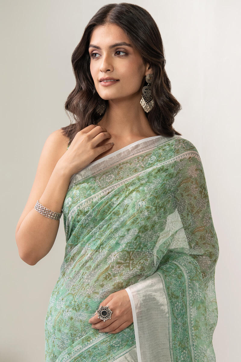 Green Hand Block Printed Kota Silk Saree