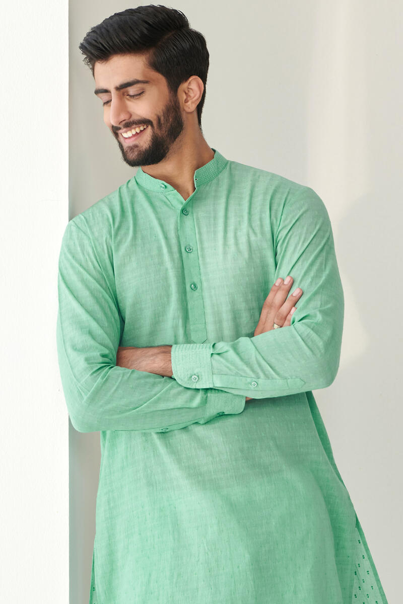 Green Handcrafted Cotton Dobby Kurta