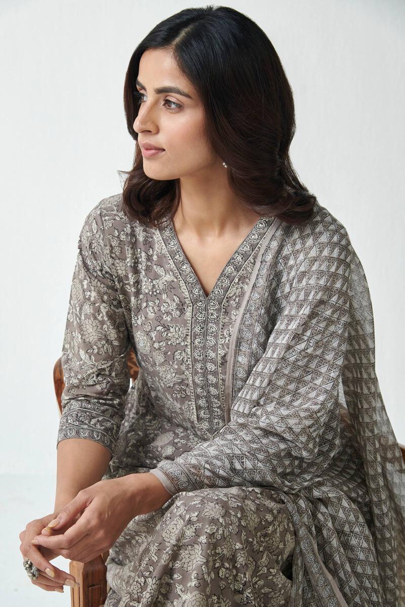 Grey Hand Block Printed Kota Dupatta
