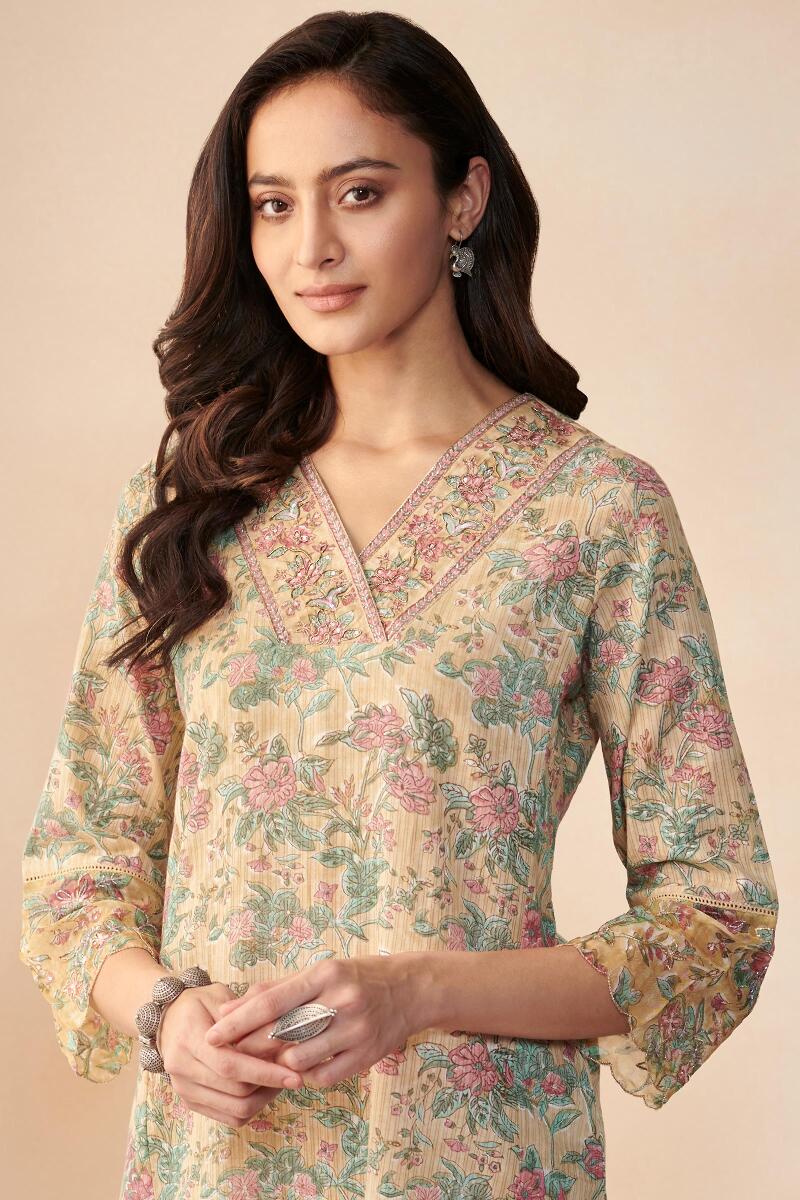 Mustard Hand Block Printed Straight Cotton Kurta