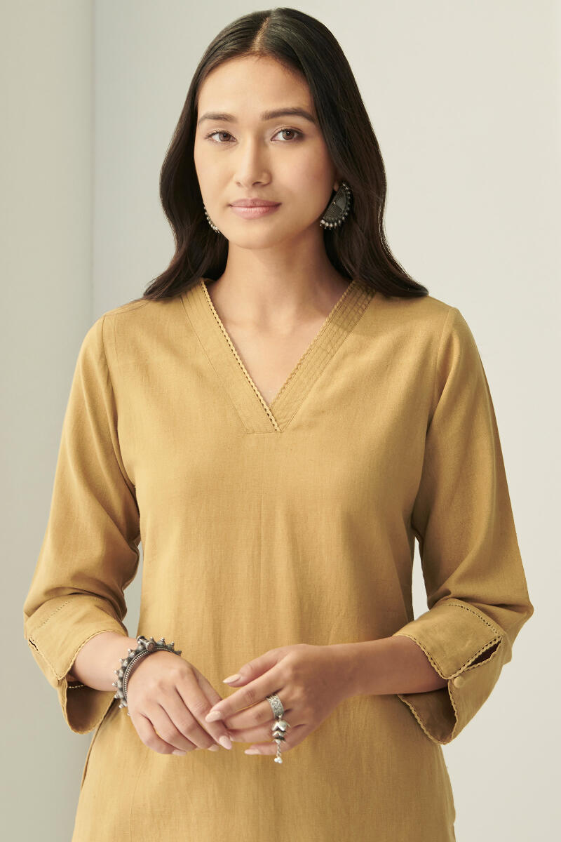 Mustard Handcrafted Straight Cotton Kurta