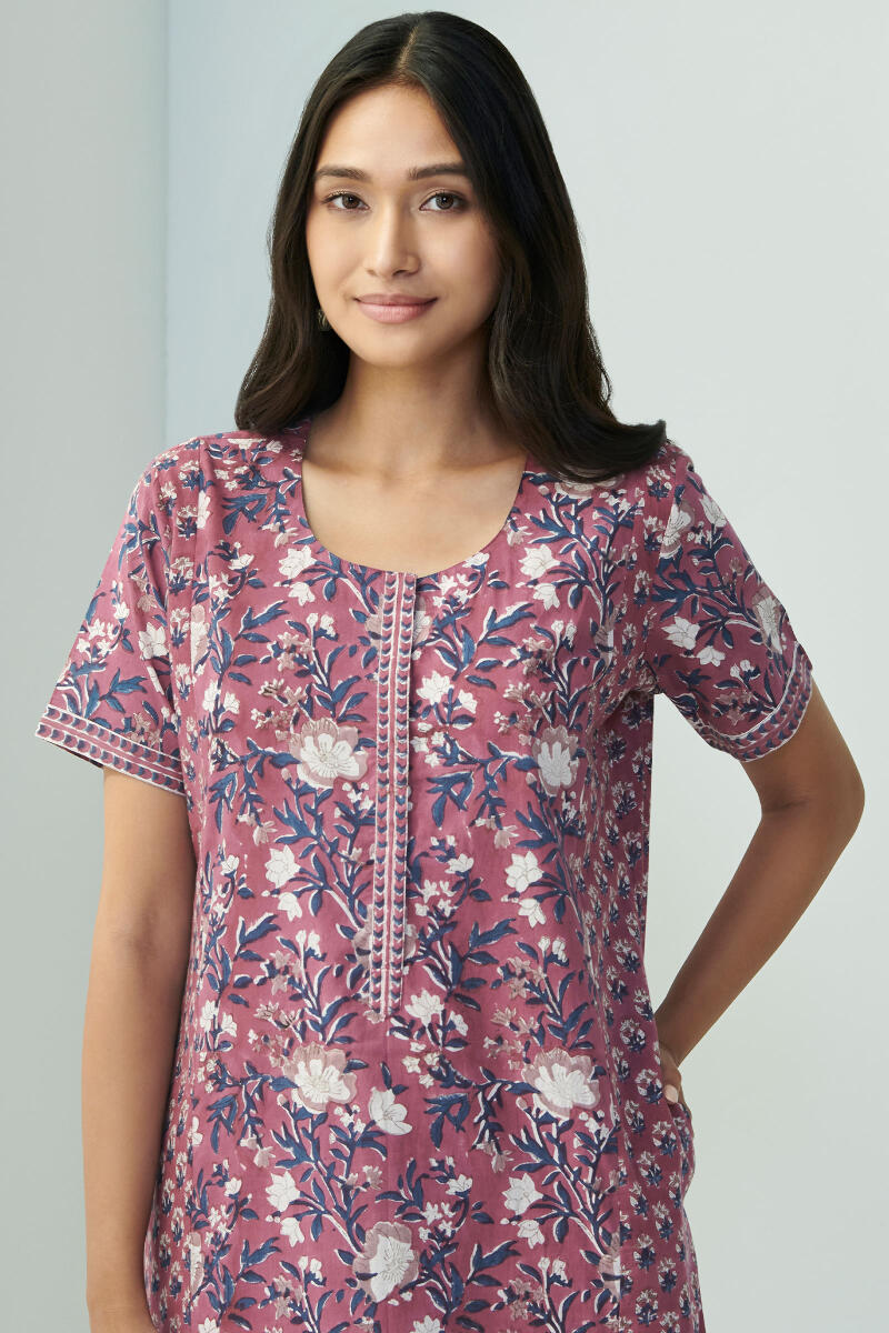 Maroon Hand Block Printed Cotton Kaftan