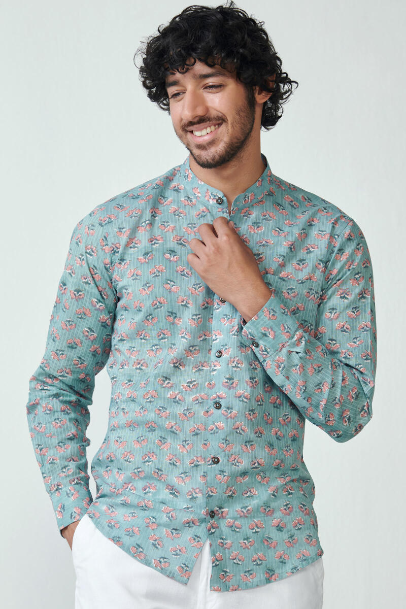 Blue Hand Block Printed Cotton Dobby Shirt