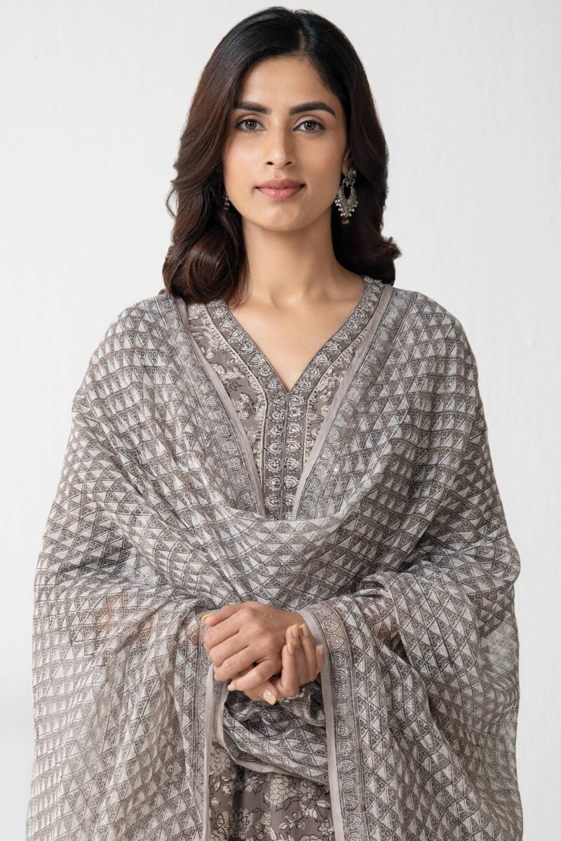 Grey Hand Block Printed Kota Dupatta