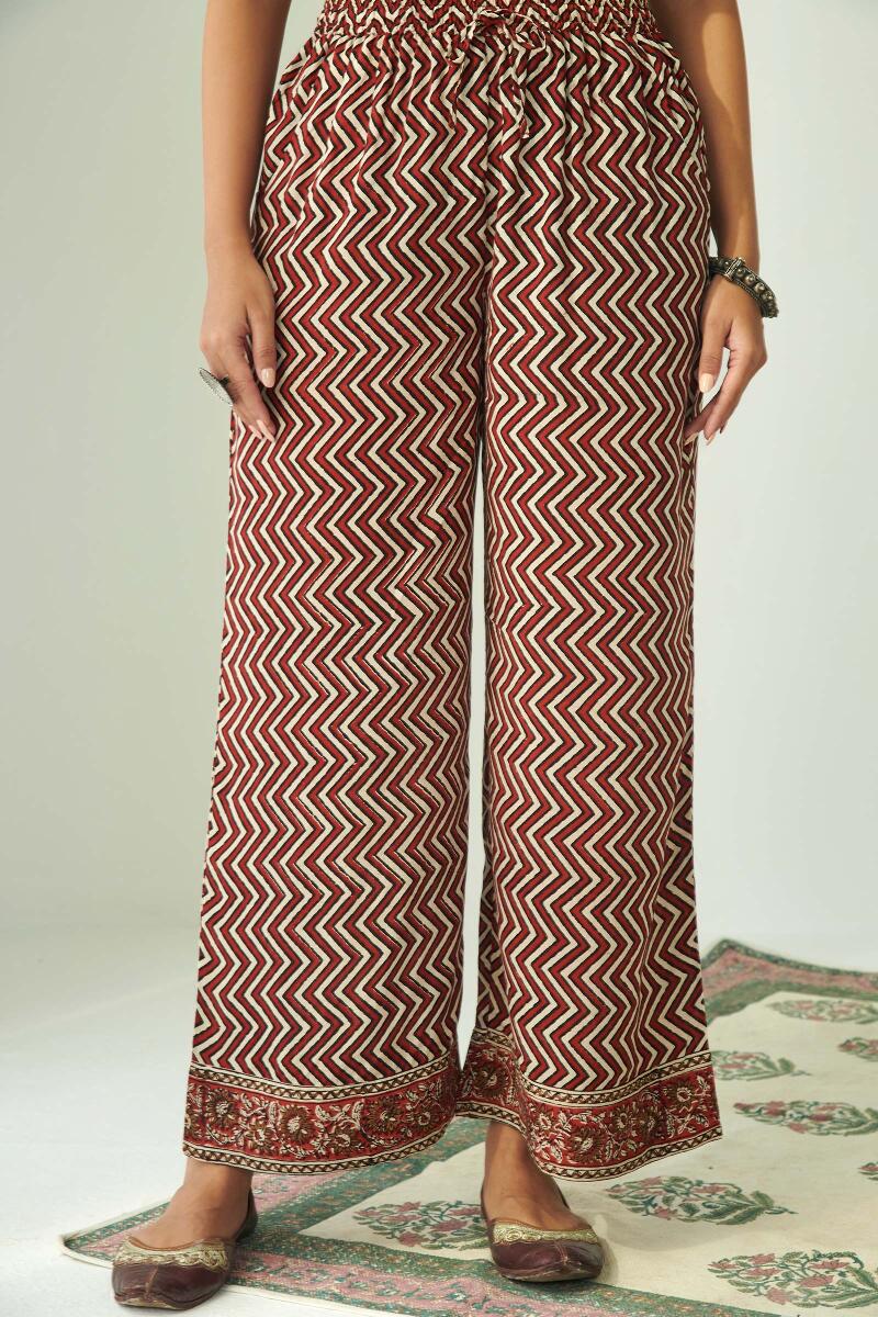 Maroon Hand Block Printed Shantung Farsi Pants