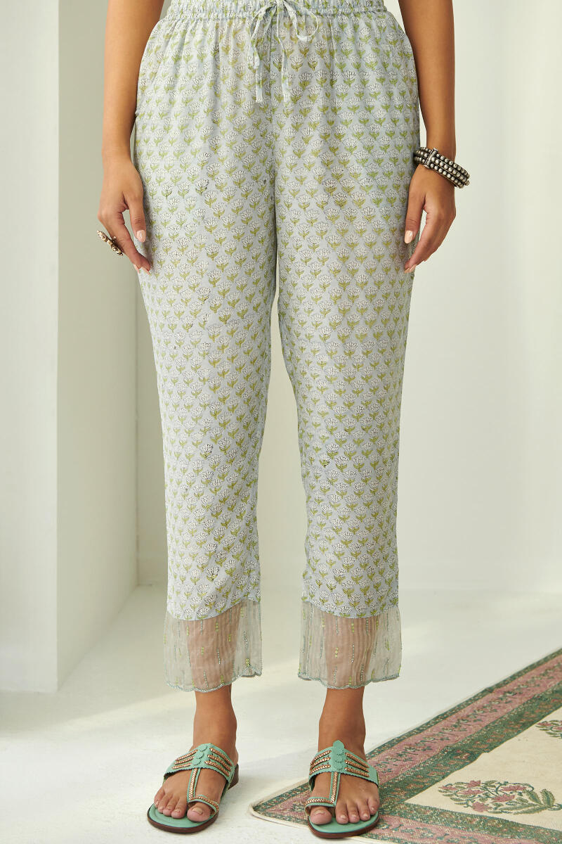 Green Hand Block Printed Modal Narrow Pants