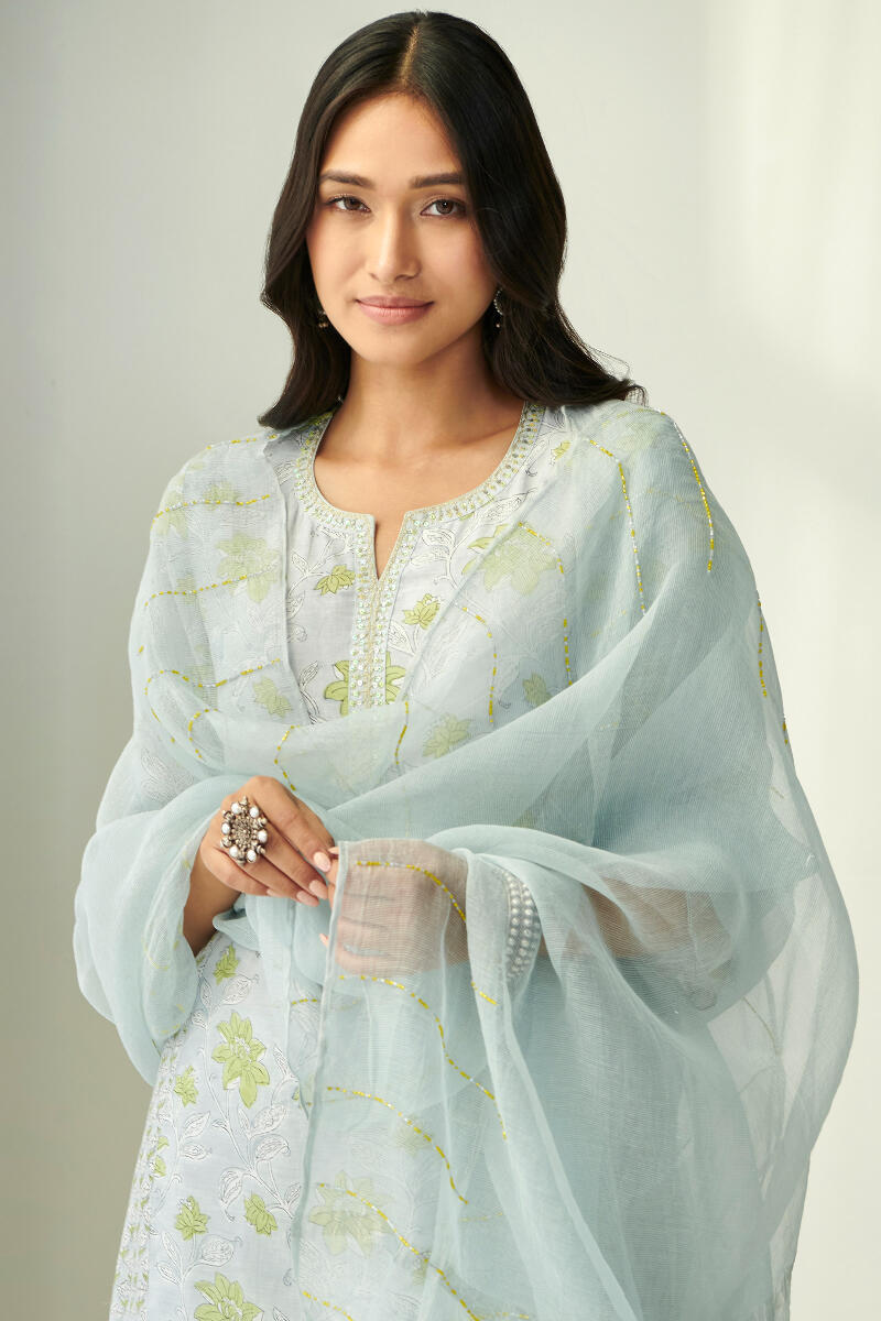 Green Hand Block Printed Cotton Silk Dupatta