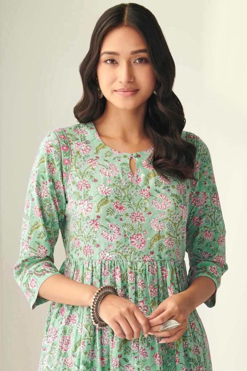 Green Hand Block Printed A-Line Cotton Kurta
