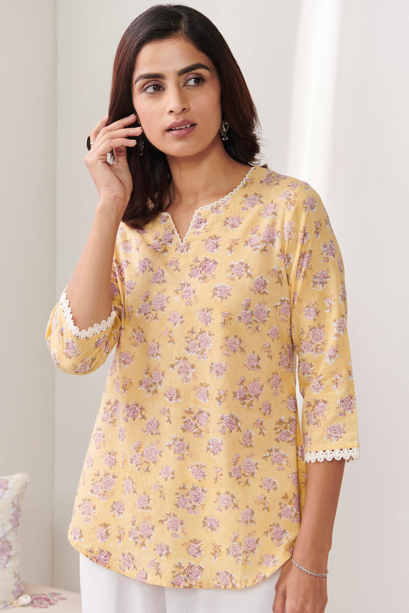 Yellow Hand Block Printed Cotton Top