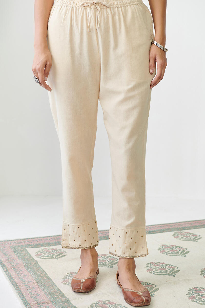 Beige Handcrafted Cotton Narrow Pants