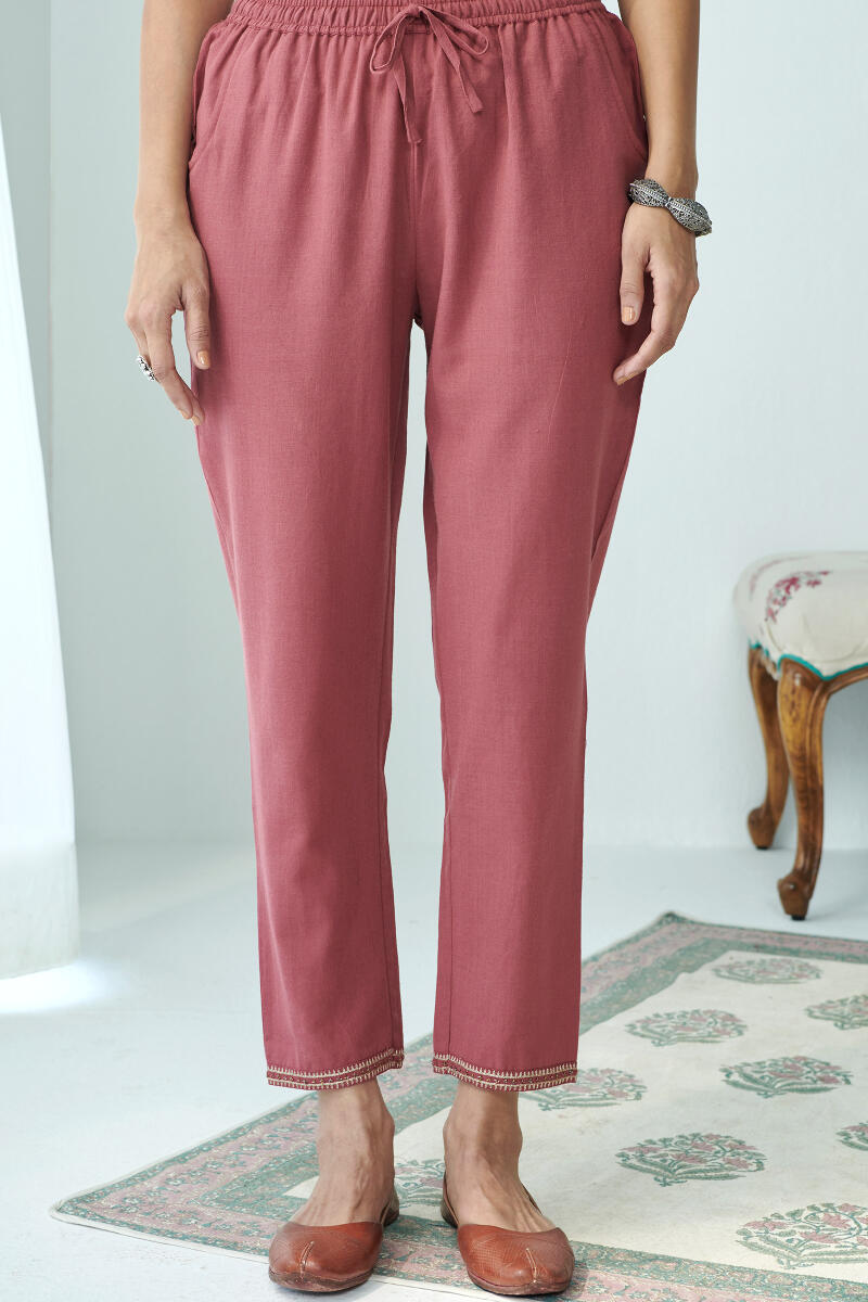 Red Handcrafted Cotton Narrow Pants