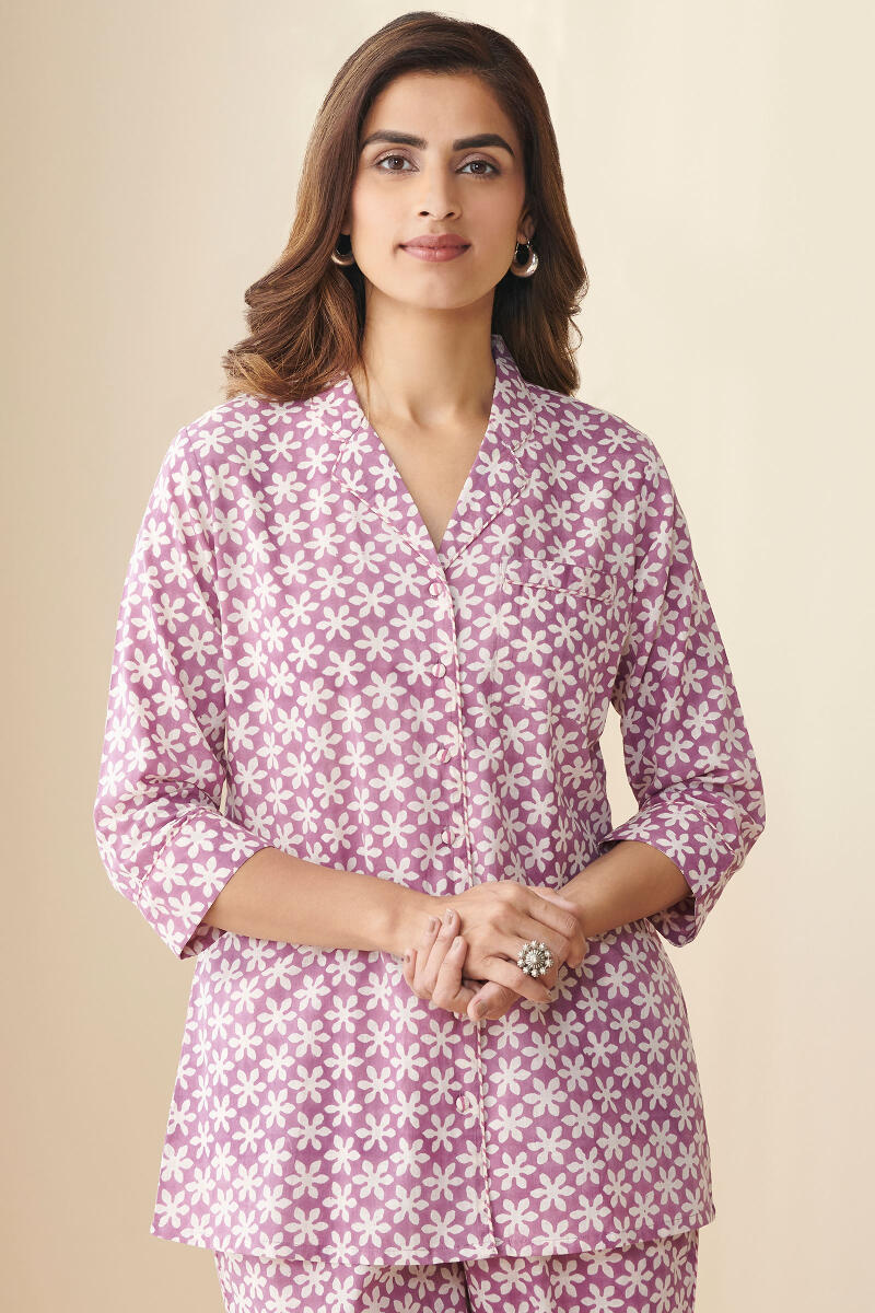 Purple Hand Block Printed Cotton Loungewear Set