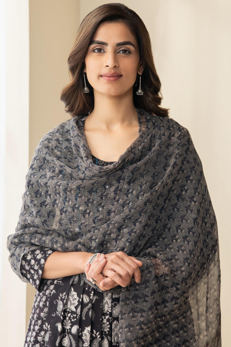 Black Hand Block Printed Kota Dupatta