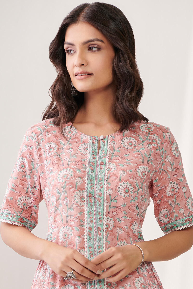 Pink Hand Block Printed A-Line Cotton Kurta