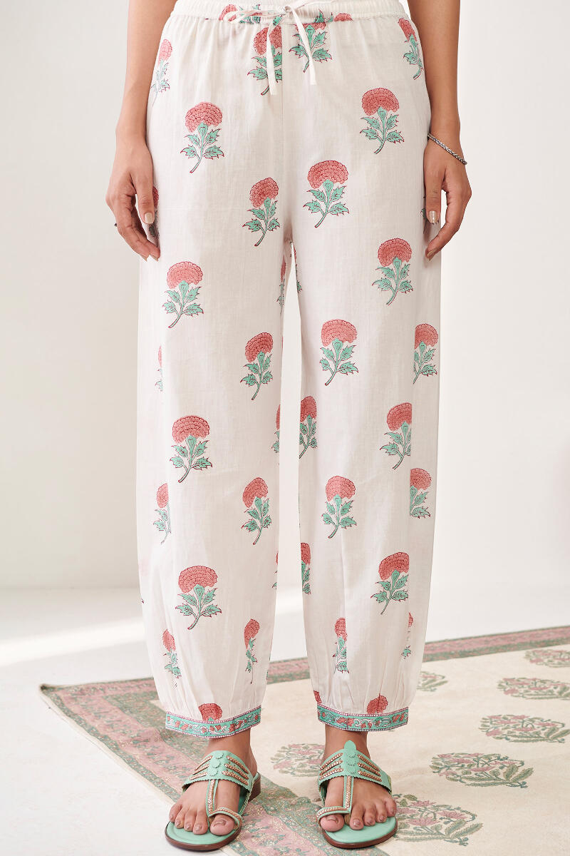 White Hand Block Printed Cotton Izhaar Pants