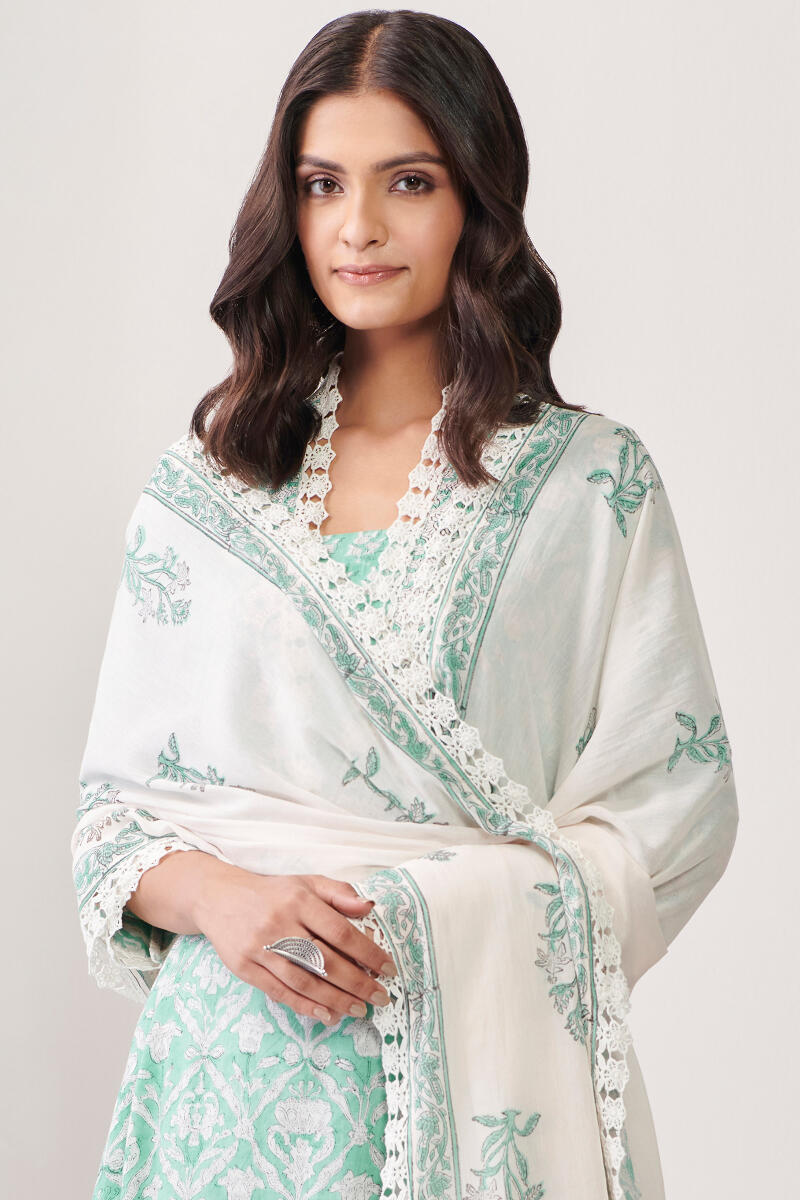White Hand Block Printed Cotton Dupatta