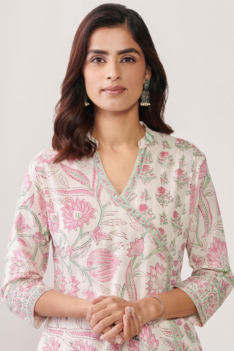 White Hand Block Printed Angrakha Cotton Kurta