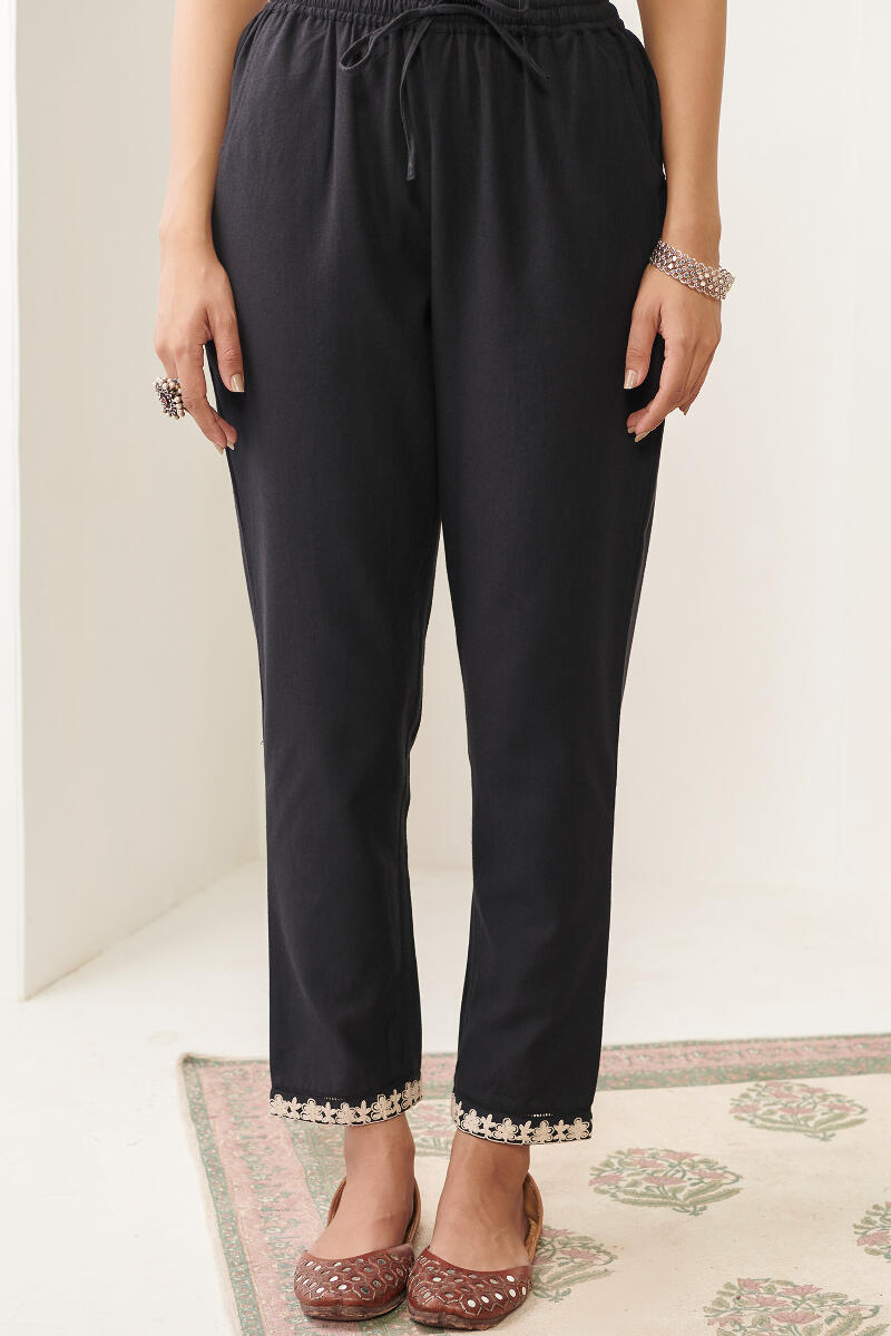 Black Handcrafted Cotton Narrow Pants