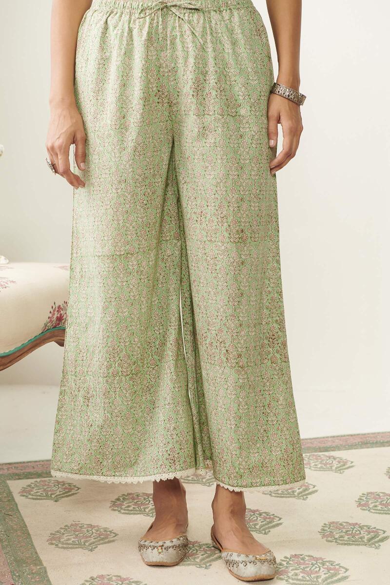 Green Hand Block Printed Cotton Palazzo
