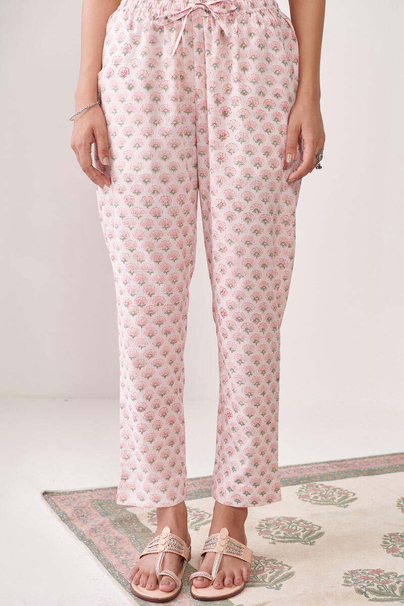 White Hand Block Printed Cotton Narrow Pants