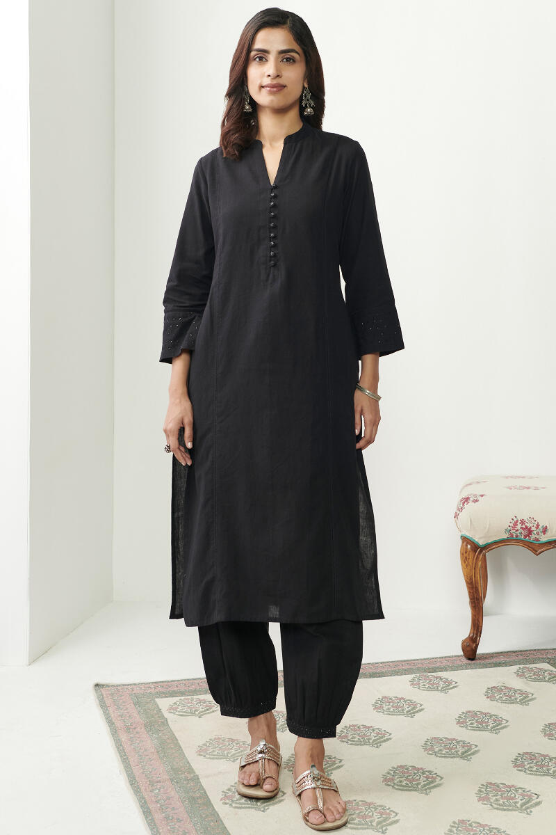Black Handcrafted Straight Cotton Kurta