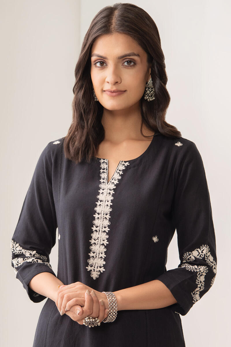Black Handcrafted Straight Cotton Kurta