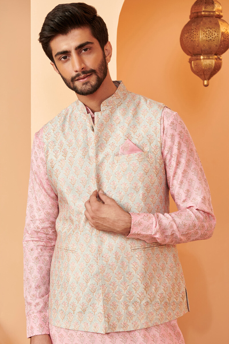 Blue Hand Block Printed Chanderi Nehru Jacket