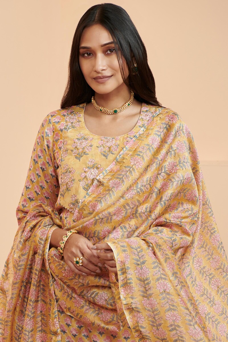 Yellow Hand Block Printed Chanderi Dupatta