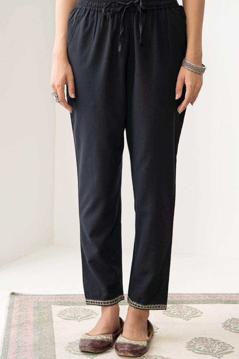 Black Handcrafted Cotton Narrow Pants