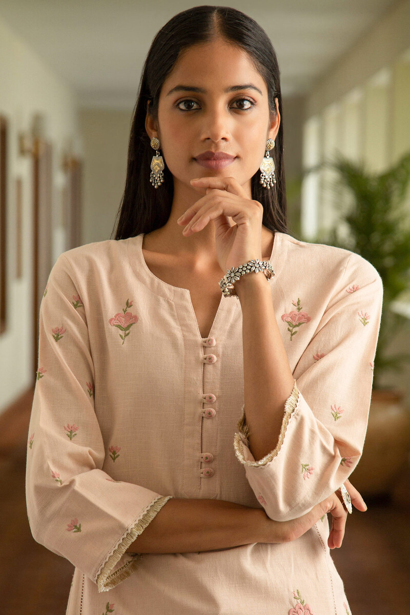 Pink Handcrafted Straight Cotton Kurta