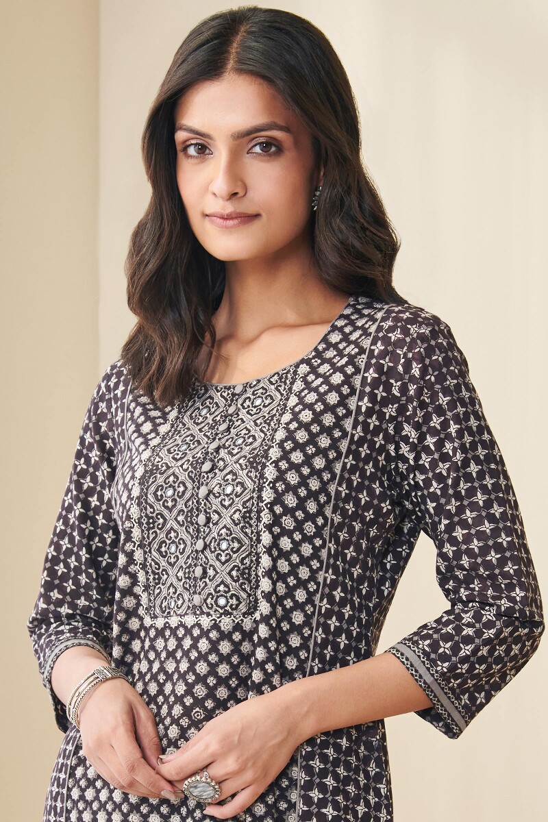 Black Hand Block Printed Straight Cotton Kurta